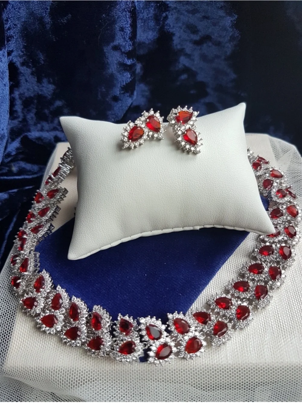Swarovski Elements Platinum Ruby Red All-around Tennis Necklace & Earrings SET